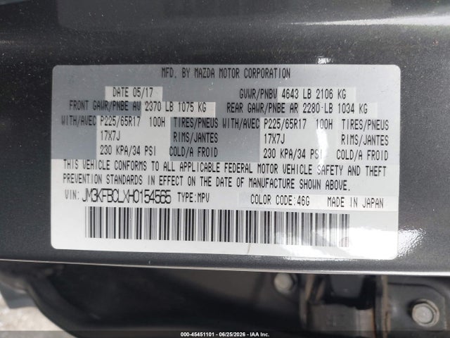 Auction sale of the 2017 Mazda Cx-5 Touring, vin: JM3KFBCLXH0154565, lot number: 45451101