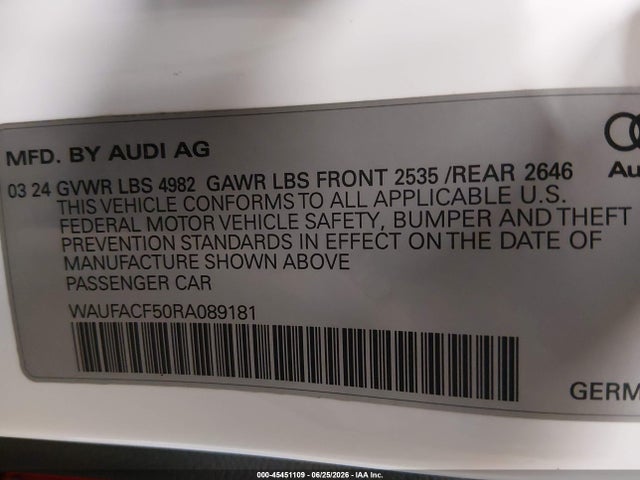 Продажа на аукционе авто 2024 Audi A5 Sportback Premium Plus 45 Tfsi Quattro S Tronic, vin: WAUFACF50RA089181, номер лота: 45451109