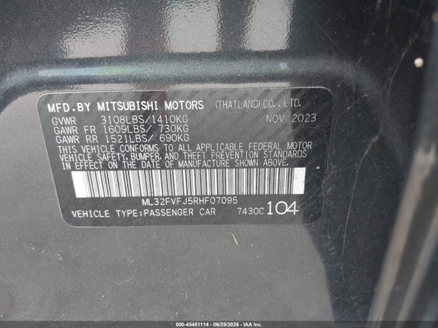 45451114 :رقم المزاد ، ML32FVFJ5RHF07095 vin ، 2024 Mitsubishi Mirage G4 Se مزاد بيع