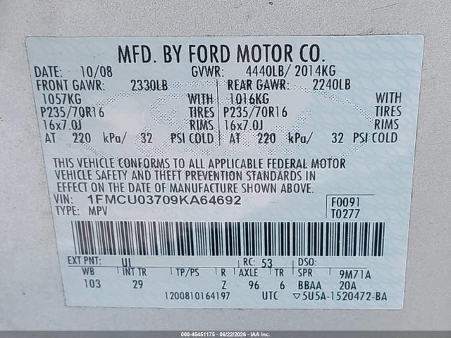Продаж на аукціоні авто 2009 Ford Escape Xlt, vin: 1FMCU03709KA64692, номер лоту: 45451175