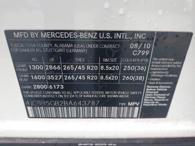 Продажа на аукционе авто 2011 Mercedes-benz Ml 350, vin: 4JGBB5GB2BA643787, номер лота: 45451195