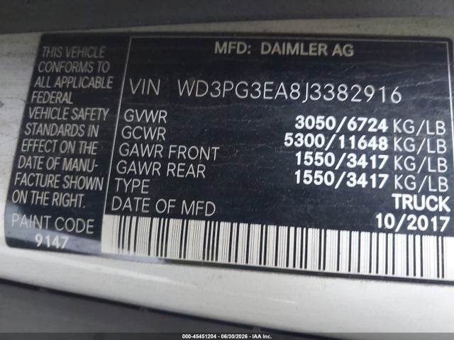 45451204 :رقم المزاد ، WD3PG3EA8J3382916 vin ، 2018 Mercedes-benz Metris مزاد بيع