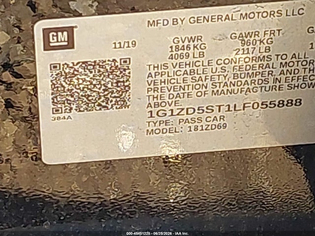 45451228 :رقم المزاد ، 1G1ZD5ST1LF055888 vin ، 2020 Chevrolet Malibu Fwd Lt مزاد بيع