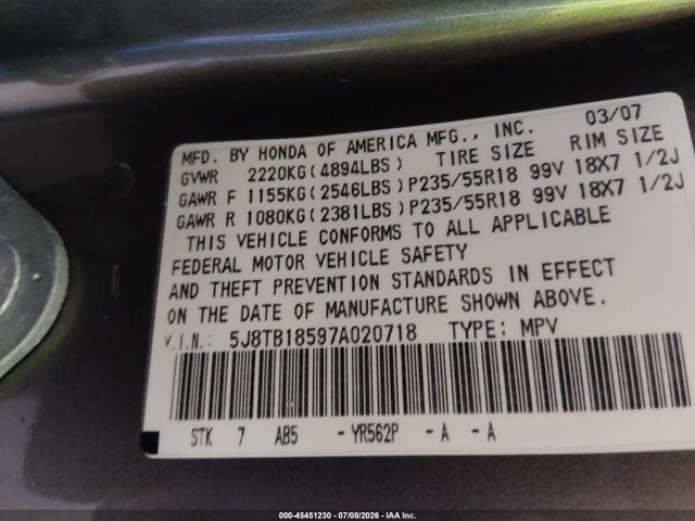 Aukcja sprzedaży 2007 Acura Rdx, vin: 5J8TB18597A020718, numer aukcji: 45451230