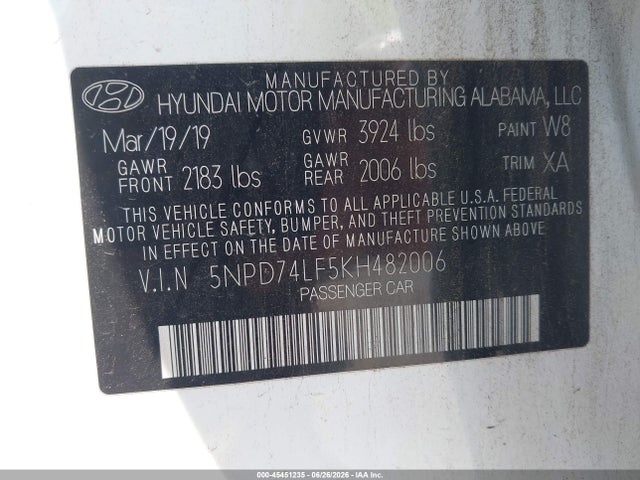 Aukcja sprzedaży 2019 Hyundai Elantra Se, vin: 5NPD74LF5KH482006, numer aukcji: 45451235