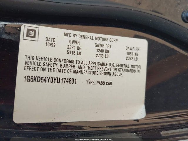Aukcja sprzedaży 2000 Cadillac Deville Standard, vin: 1G6KD54Y0YU174801, numer aukcji: 45451254