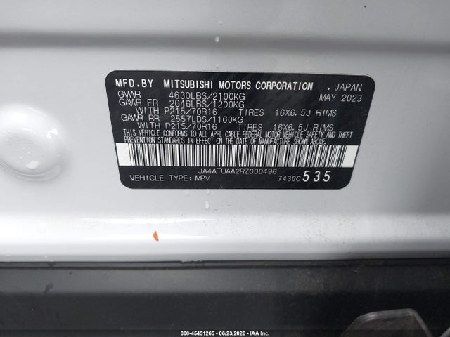 2024 Mitsubishi Eclipse Cross Es S-awc მანქანა იყიდება აუქციონზე, vin: JA4ATUAA2RZ000496, აუქციონის ნომერი: 45451265
