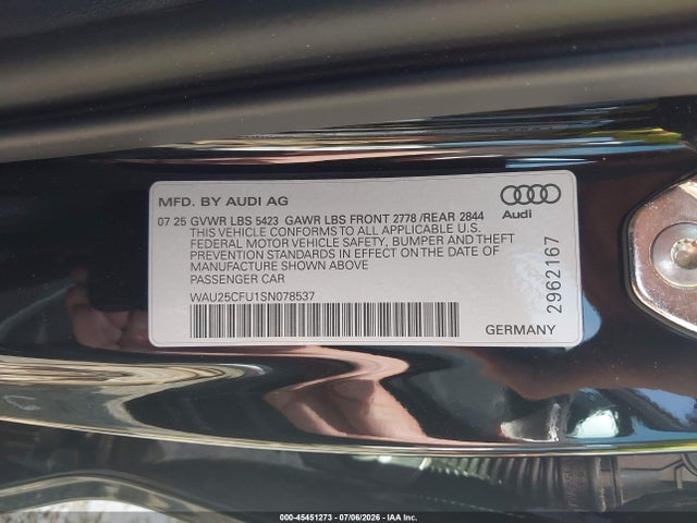 Продажа на аукционе авто 2025 Audi All-new S5 Premium Plus Tfsi Quattro S Tronic, vin: WAU25CFU1SN078537, номер лота: 45451273
