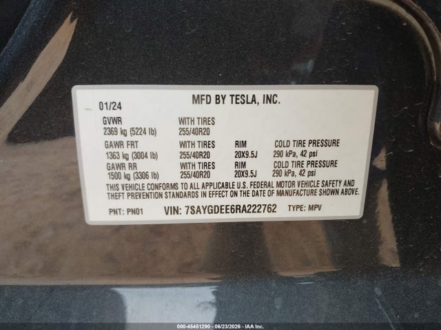 2024 Tesla Model Y Long Range Dual Motor All-wheel Drive მანქანა იყიდება აუქციონზე, vin: 7SAYGDEE6RA222762, აუქციონის ნომერი: 45451290