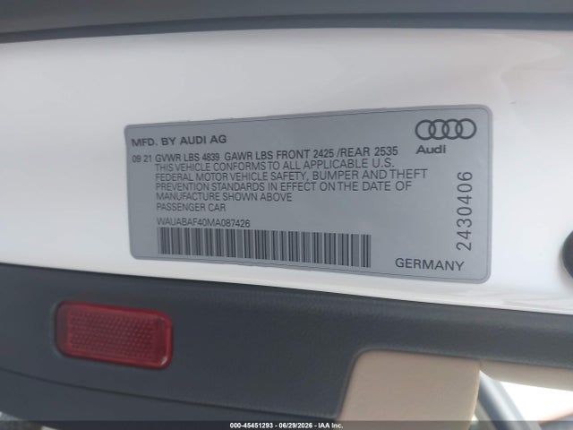 45451293 :رقم المزاد ، WAUABAF40MA087426 vin ، 2021 Audi A4 Premium 40 Tfsi Quattro S Tronic مزاد بيع