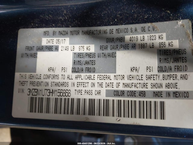 45451296 :رقم المزاد ، 3MZBN1U73HM156868 vin ، 2017 Mazda Mazda3 Sport مزاد بيع