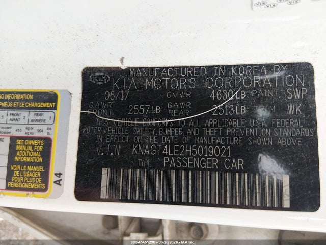 45451298 :رقم المزاد ، KNAGT4LE2H5019021 vin ، 2017 Kia Optima Hybrid مزاد بيع