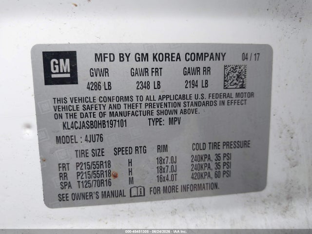 45451305 :رقم المزاد ، KL4CJASB0HB197101 vin ، 2017 Buick Encore Preferred مزاد بيع