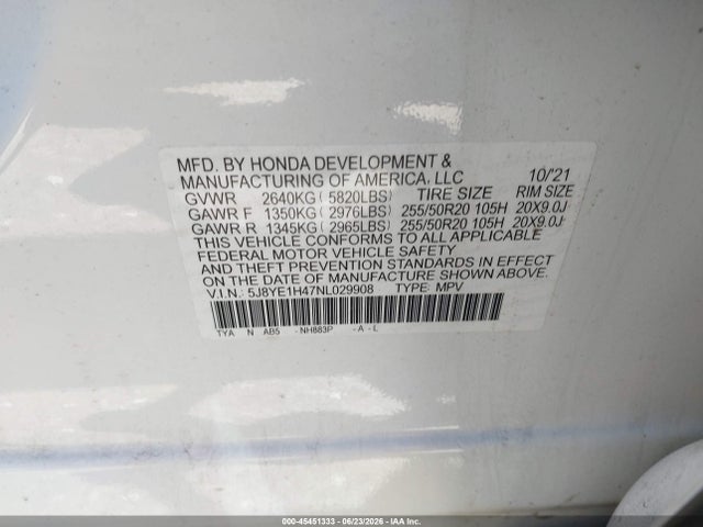 45451333 :رقم المزاد ، 5J8YE1H47NL029908 vin ، 2022 Acura Mdx Technology Package مزاد بيع