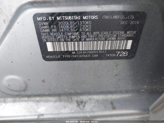 2017 Mitsubishi Mirage Es მანქანა იყიდება აუქციონზე, vin: ML32A3HJ9HH017612, აუქციონის ნომერი: 45451360