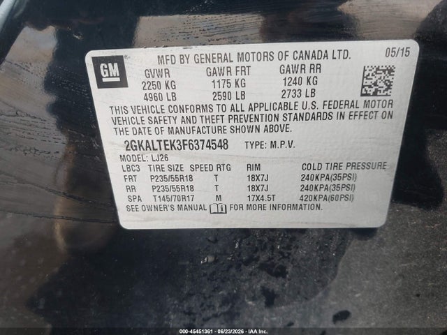 Aukcja sprzedaży 2015 Gmc Terrain Slt-2, vin: 2GKALTEK3F6374548, numer aukcji: 45451361
