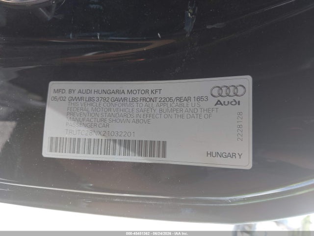 2002 Audi Tt 1.8l მანქანა იყიდება აუქციონზე, vin: TRUTC28NX21032201, აუქციონის ნომერი: 45451362