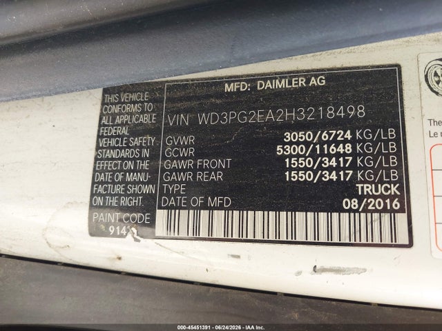 Auction sale of the 2017 Mercedes-benz Metris, vin: WD3PG2EA2H3218498, lot number: 45451391