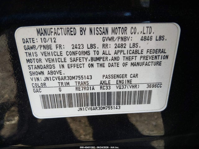 2013 Infiniti G37x მანქანა იყიდება აუქციონზე, vin: JN1CV6AR3DM755143, აუქციონის ნომერი: 45451392
