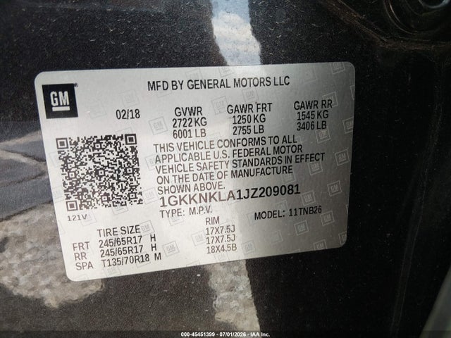45451399 :رقم المزاد ، 1GKKNKLA1JZ209081 vin ، 2018 Gmc Acadia Sle-1 مزاد بيع