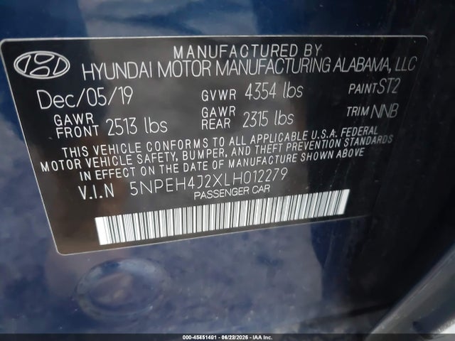 45451401 :رقم المزاد ، 5NPEH4J2XLH012279 vin ، 2020 Hyundai Sonata Limited مزاد بيع