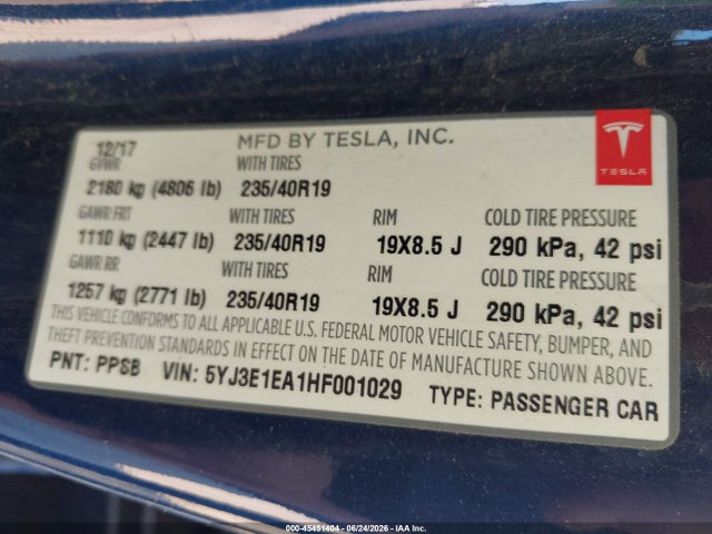 Aukcja sprzedaży 2017 Tesla Model 3 Long Range/standard, vin: 5YJ3E1EA1HF001029, numer aukcji: 45451404