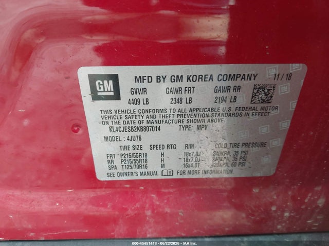 45451418 :رقم المزاد ، KL4CJESB2KB807014 vin ، 2019 Buick Encore Awd Preferred مزاد بيع