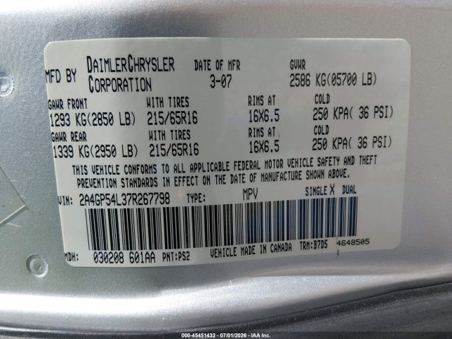 45451432 :رقم المزاد ، 2A4GP54L37R267798 vin ، 2007 Chrysler Town & Country Touring مزاد بيع