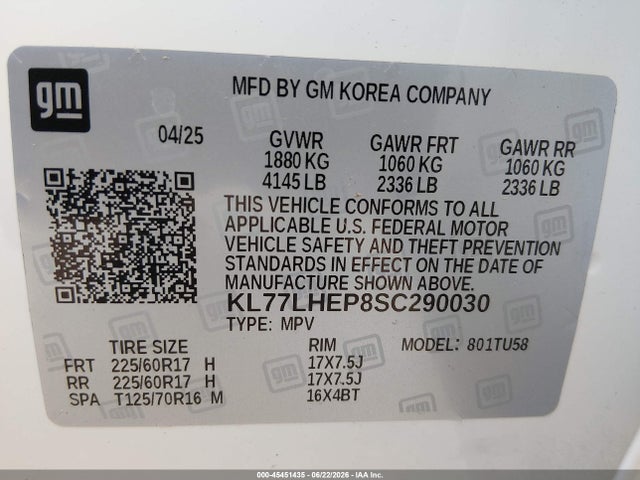 45451435 :رقم المزاد ، KL77LHEP8SC290030 vin ، 2025 Chevrolet Trax Fwd Lt مزاد بيع