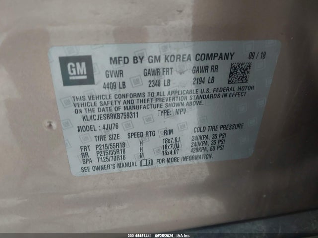 45451441 :رقم المزاد ، KL4CJESB8KB759311 vin ، 2019 Buick Encore Awd Preferred مزاد بيع