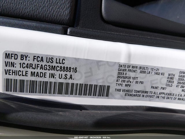2021 Jeep Grand Cherokee Laredo X 4x4 მანქანა იყიდება აუქციონზე, vin: 1C4RJFAG3MC888816, აუქციონის ნომერი: 45451457