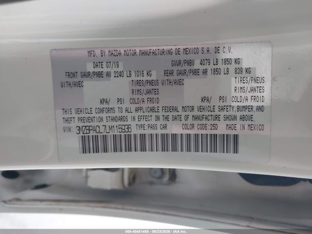 Продажа на аукционе авто 2020 Mazda Mazda3 Select Package, vin: 3MZBPACL7LM115936, номер лота: 45451488
