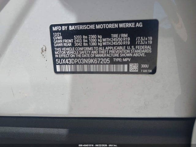 45451516 :رقم المزاد ، 5UX43DP03N9K67205 vin ، 2022 Bmw X3 Sdrive30i مزاد بيع