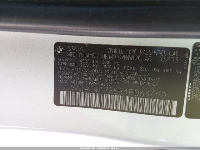2004 Bmw 530i მანქანა იყიდება აუქციონზე, vin: WBANA73594B063690, აუქციონის ნომერი: 45451521