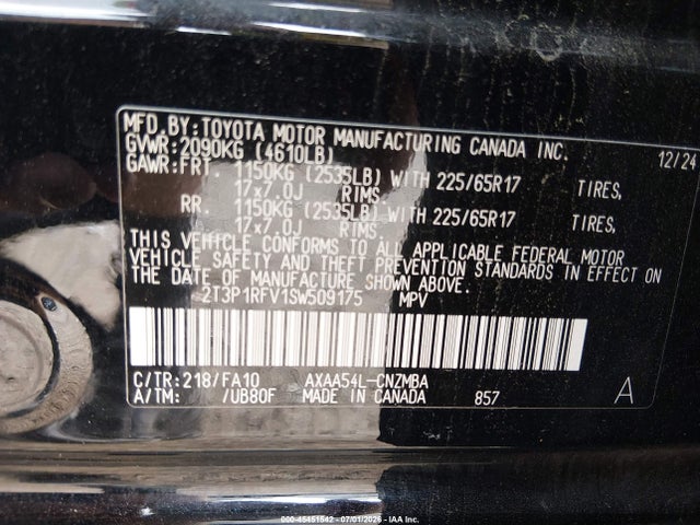 Продаж на аукціоні авто 2025 Toyota Rav4 Xle, vin: 2T3P1RFV1SW509175, номер лоту: 45451542