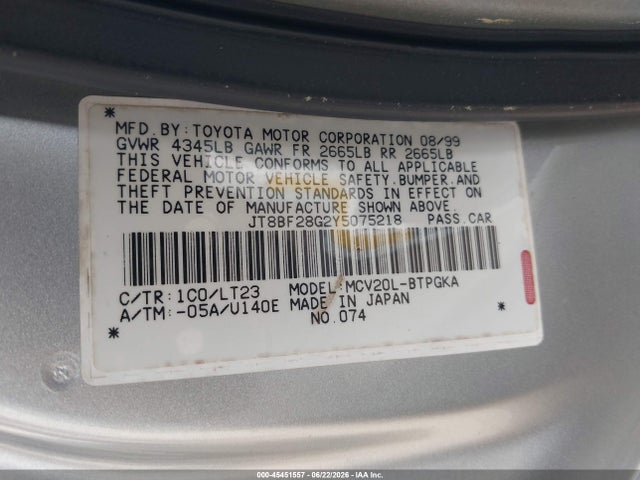 Aukcja sprzedaży 2000 Lexus Es 300, vin: JT8BF28G2Y5075218, numer aukcji: 45451557