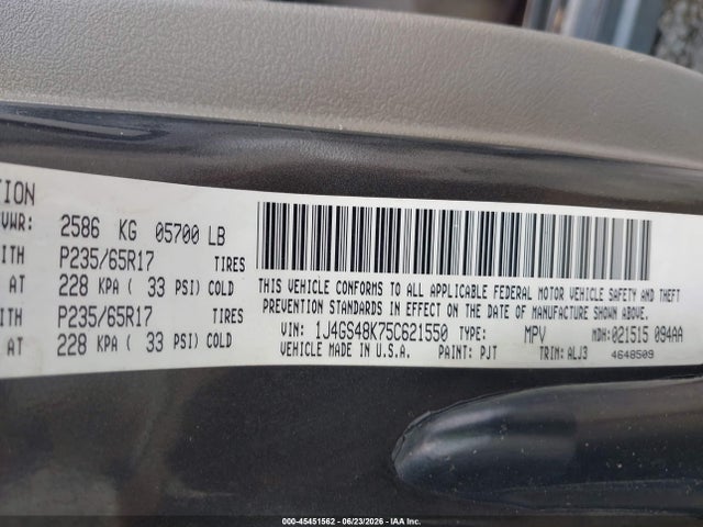 Продаж на аукціоні авто 2005 Jeep Grand Cherokee Laredo, vin: 1J4GS48K75C621550, номер лоту: 45451562