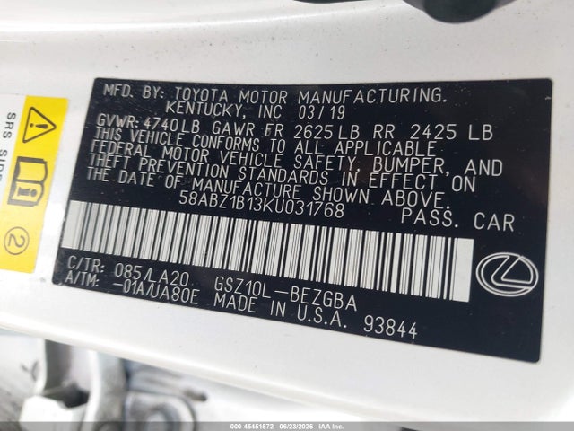 Aukcja sprzedaży 2019 Lexus Es 350, vin: 58ABZ1B13KU031768, numer aukcji: 45451572