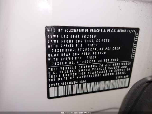 2022 Volkswagen Taos 1.5t Se მანქანა იყიდება აუქციონზე, vin: 3VVPX7B2XNM041694, აუქციონის ნომერი: 45451578