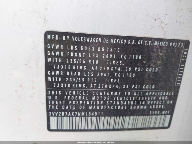 2022 Volkswagen Tiguan 2.0t Se მანქანა იყიდება აუქციონზე, vin: 3VV2B7AX7NM164911, აუქციონის ნომერი: 45451580