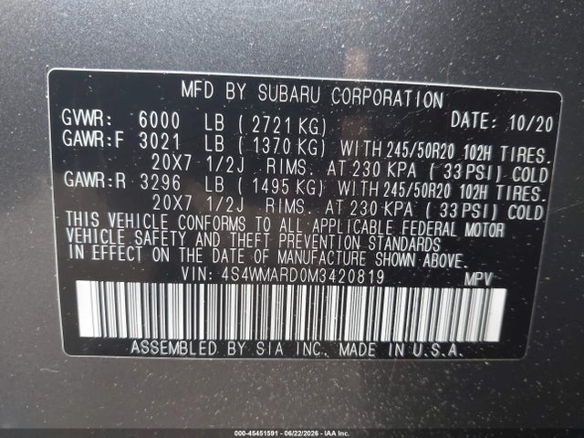 Subaru Ascent Touring 2021 4S4WMARD0M3420819 Image 9