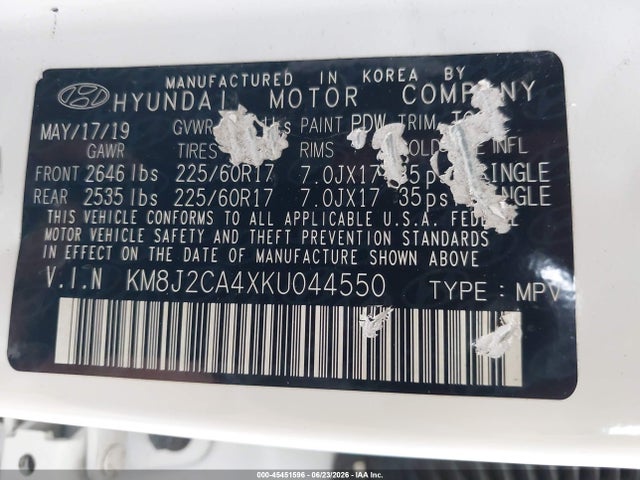 Продаж на аукціоні авто 2019 Hyundai Tucson Se, vin: KM8J2CA4XKU044550, номер лоту: 45451596