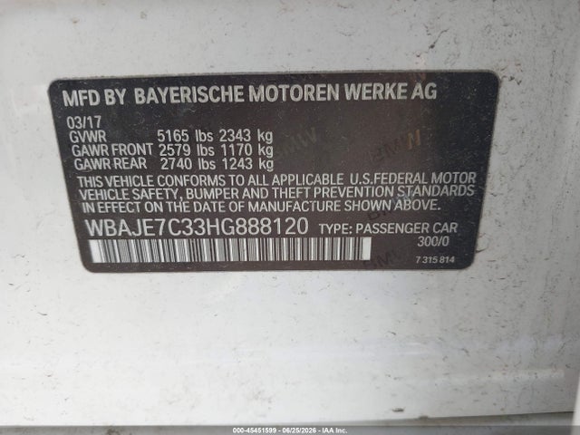 Aukcja sprzedaży 2017 Bmw 540i Xdrive, vin: WBAJE7C33HG888120, numer aukcji: 45451599