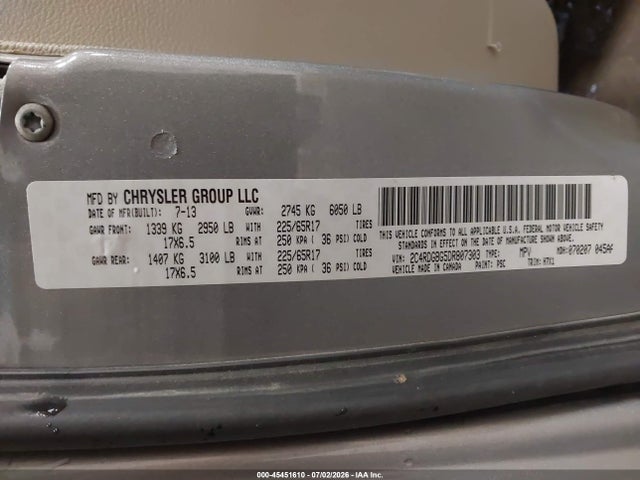 45451610 :رقم المزاد ، 2C4RDGBG5DR807303 vin ، 2013 Dodge Grand Caravan Se مزاد بيع