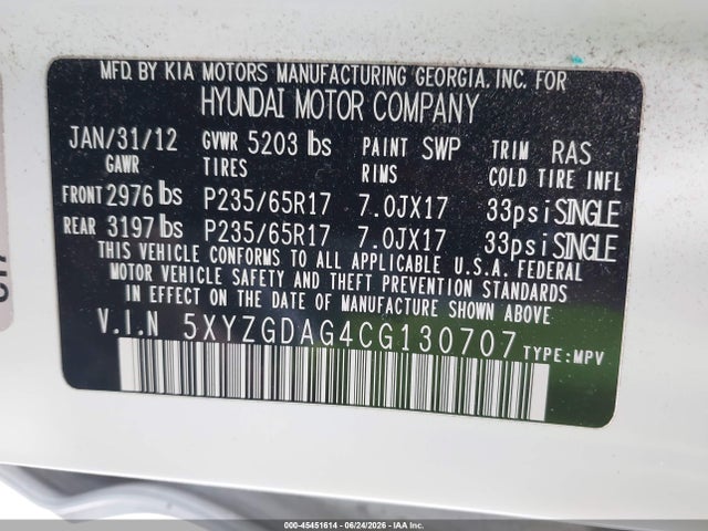 2012 Hyundai Santa Fe Gls V6 მანქანა იყიდება აუქციონზე, vin: 5XYZGDAG4CG130707, აუქციონის ნომერი: 45451614