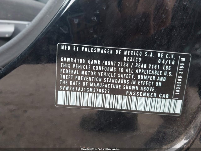 2016 Volkswagen Jetta 1.4t S მანქანა იყიდება აუქციონზე, vin: 3VW267AJ1GM370627, აუქციონის ნომერი: 45451621