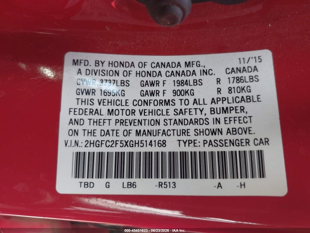 Honda Civic Lx 2016 2HGFC2F5XGH514168 Image 9