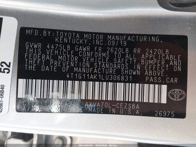 45451631 :رقم المزاد ، 4T1G11AK1LU306831 vin ، 2020 Toyota Camry Se مزاد بيع