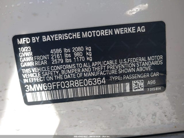 Auction sale of the 2024 Bmw 330i, vin: 3MW69FF03R8E06364, lot number: 45451637