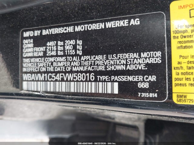 45451640 :رقم المزاد ، WBAVM1C54FVW58016 vin ، 2015 Bmw X1 Sdrive28i مزاد بيع